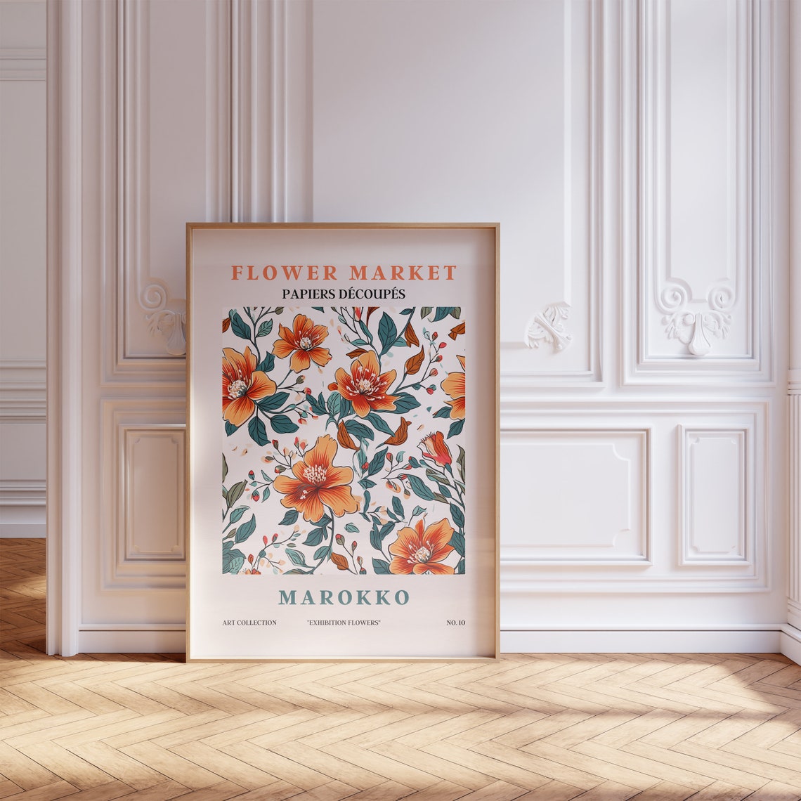Flower Market Marokko Burnt Orange Blooms Teal Leaves Pattern Poster - Image 5