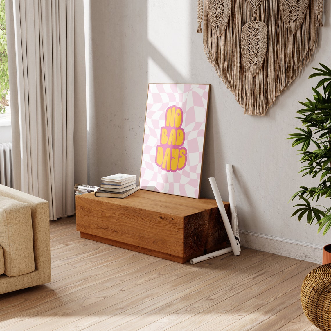 No Bad Days Groovy Yellow Text Pink Wavy Checkerboard Poster - Image 3