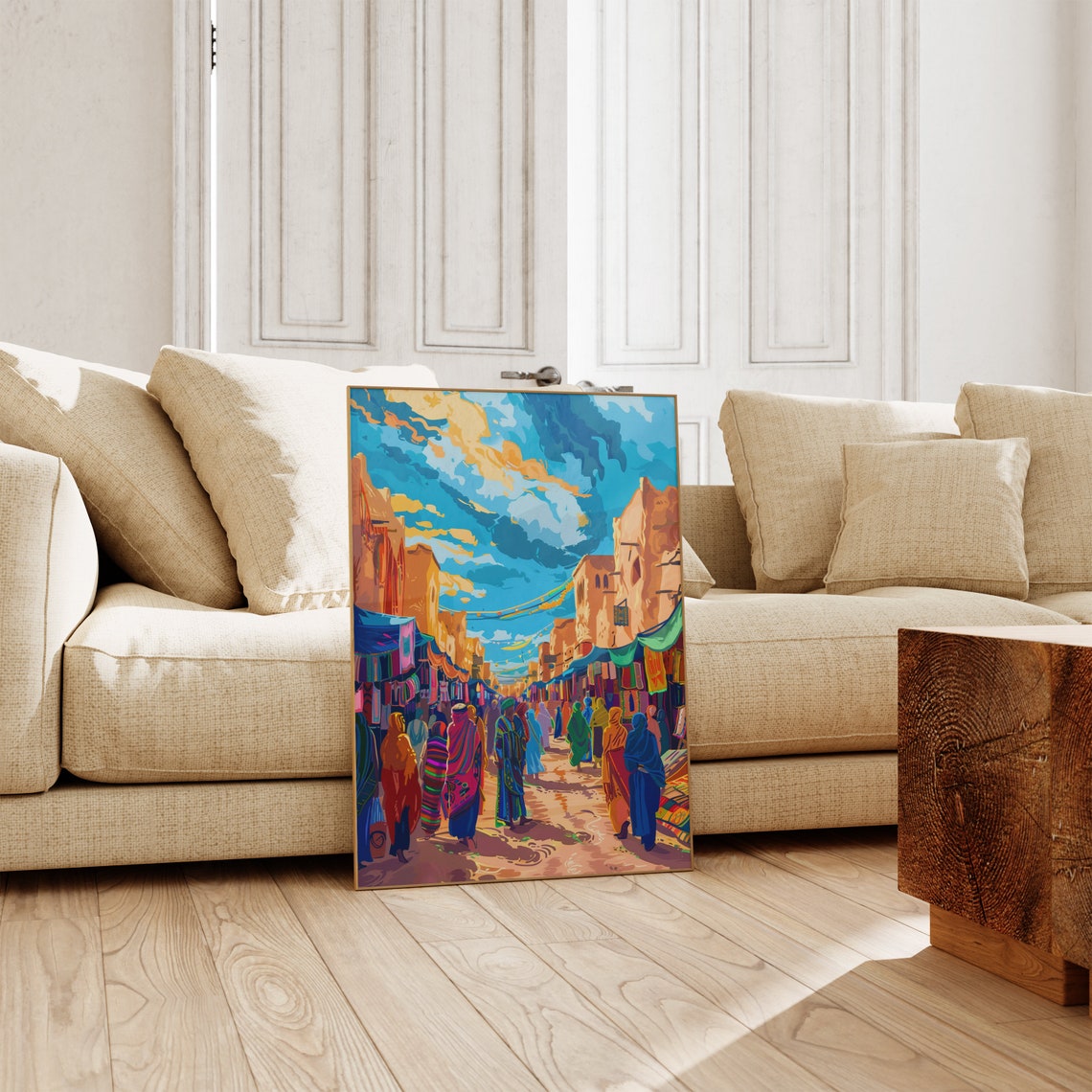 Colorful Street Bazaar with Adobe Buildings and Robed Figures Poster - Image 2