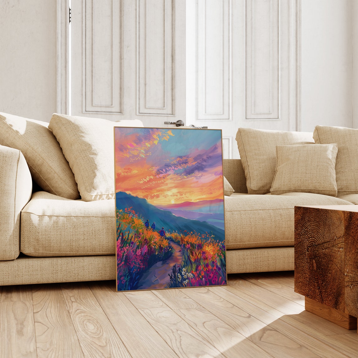 Sunset Mountain Meadow Wildflower Path Impressionist Art Poster - Image 2