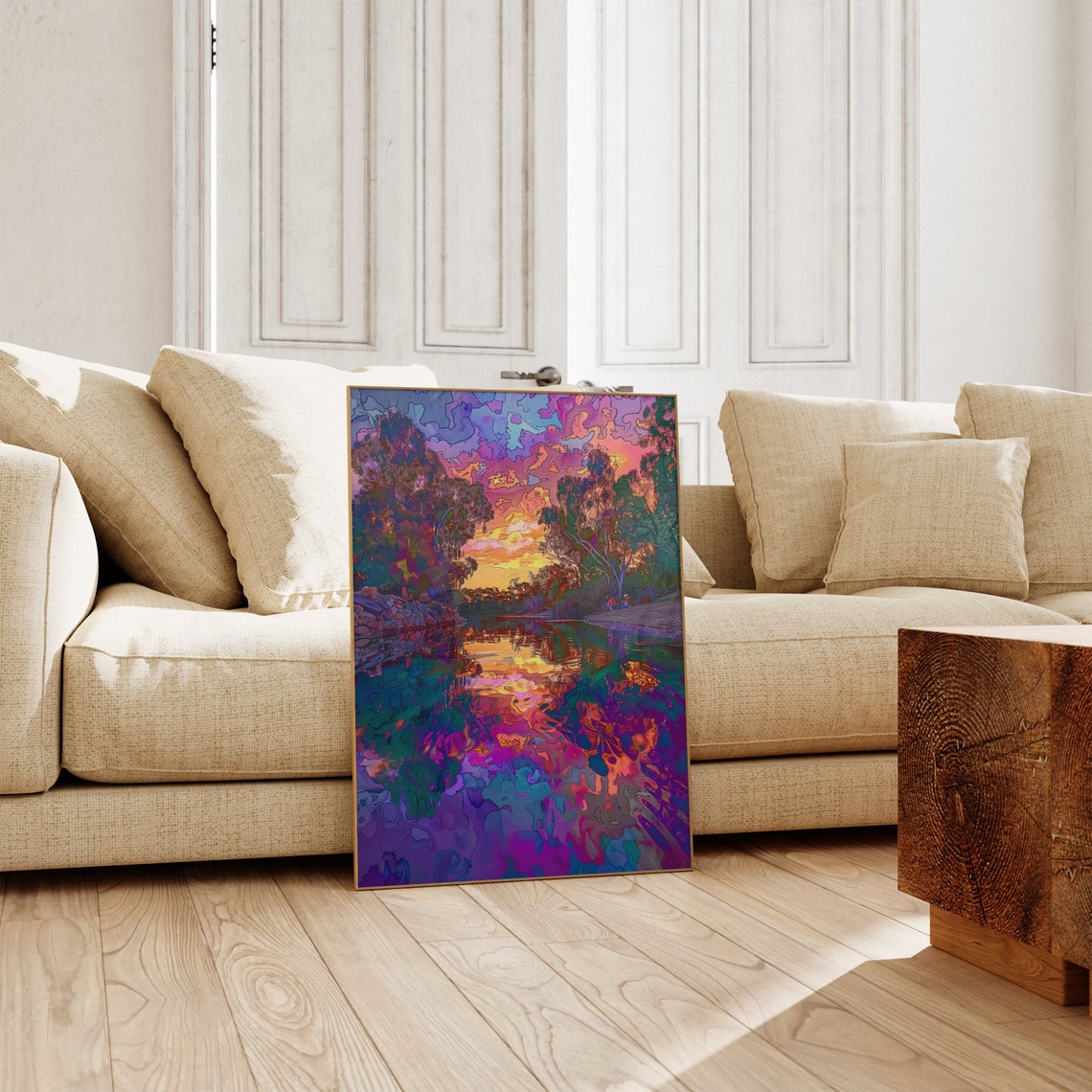 Vibrant Sunset River Reflection Purple Orange Landscape Poster - Image 2