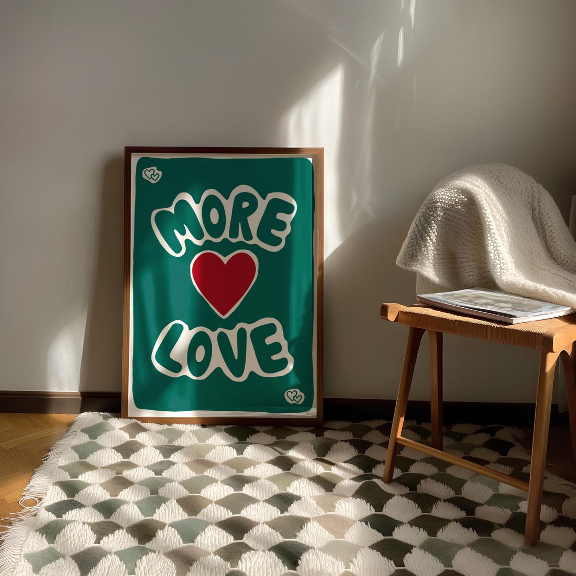More Love Hand Drawn Big Red Heart Deep Green Retro Love Poster - Image 3