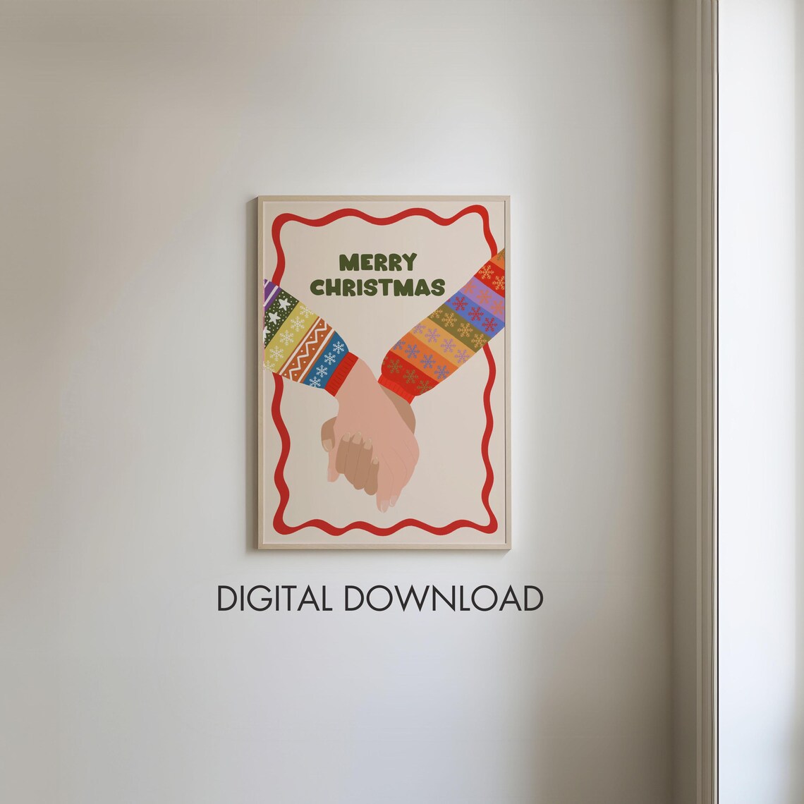 Merry Christmas Holding Hands Poster Colorful Festive Holiday Decor