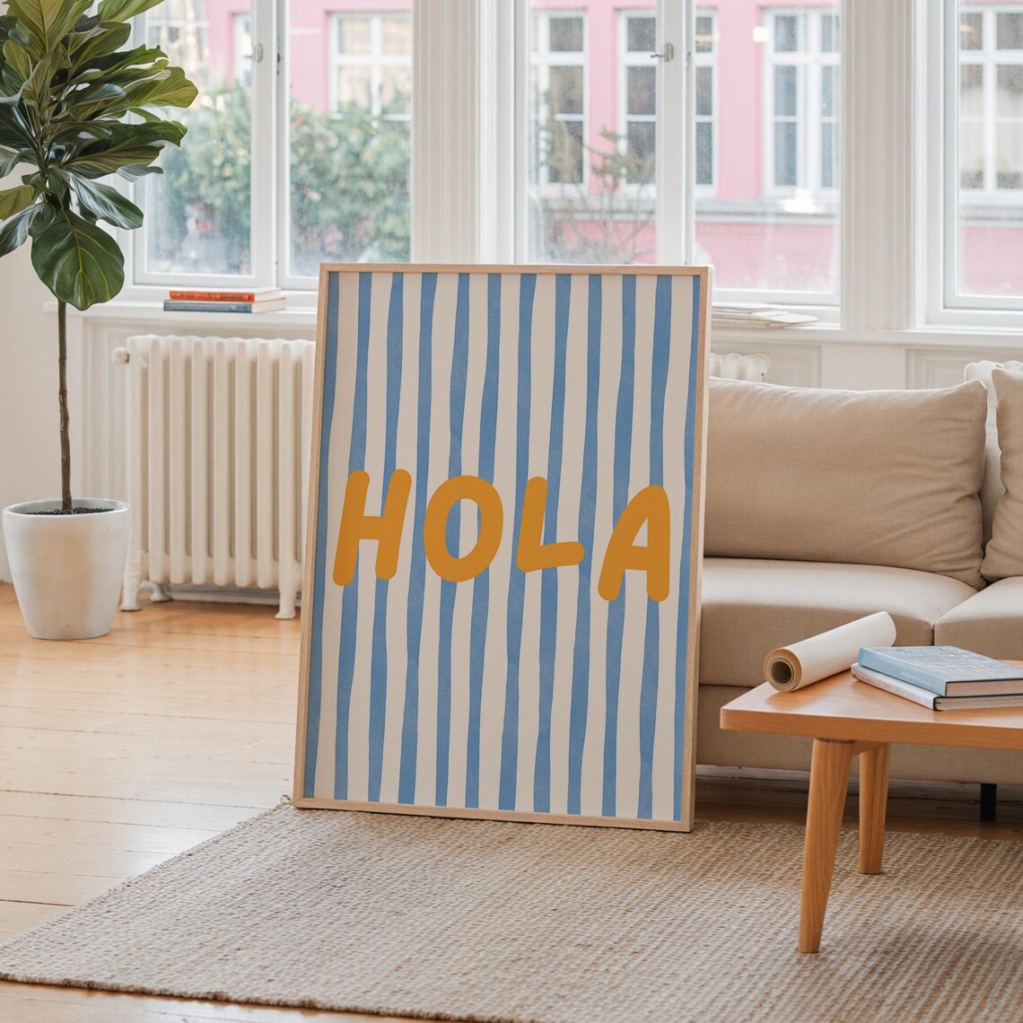 Hola Orange Typography Blue Striped Coastal Summer Greeting Print