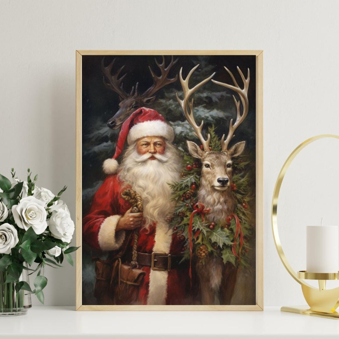 Santa Claus Standing With Two Reindeer in a Snowy Forest Art Poster