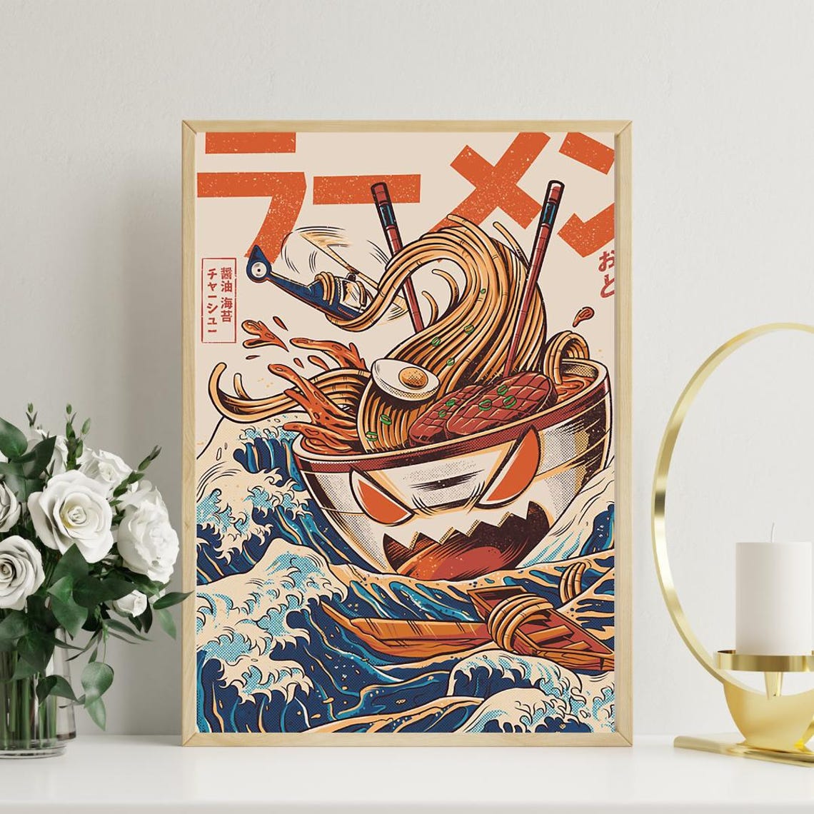 Japanese Ramen Bowl Riding Great Waves Fun Monster Food Art Poster - Image 4