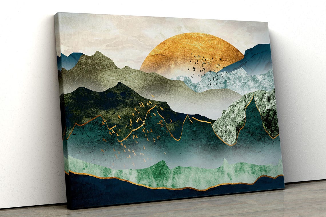 Abstract Teal Mountain Landscape with Gold Sun Modern Poster - Image 4