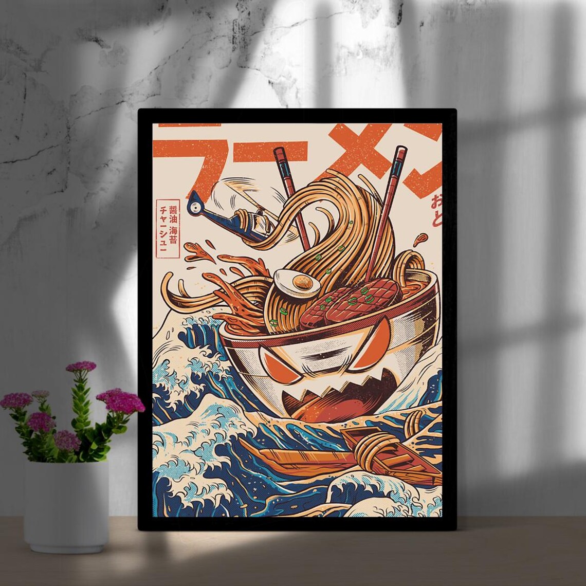 Japanese Ramen Bowl Riding Great Waves Fun Monster Food Art Poster