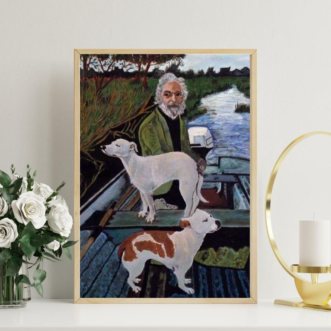 Bearded Old Man With Two Dogs in a Small Boat River Painting Poster