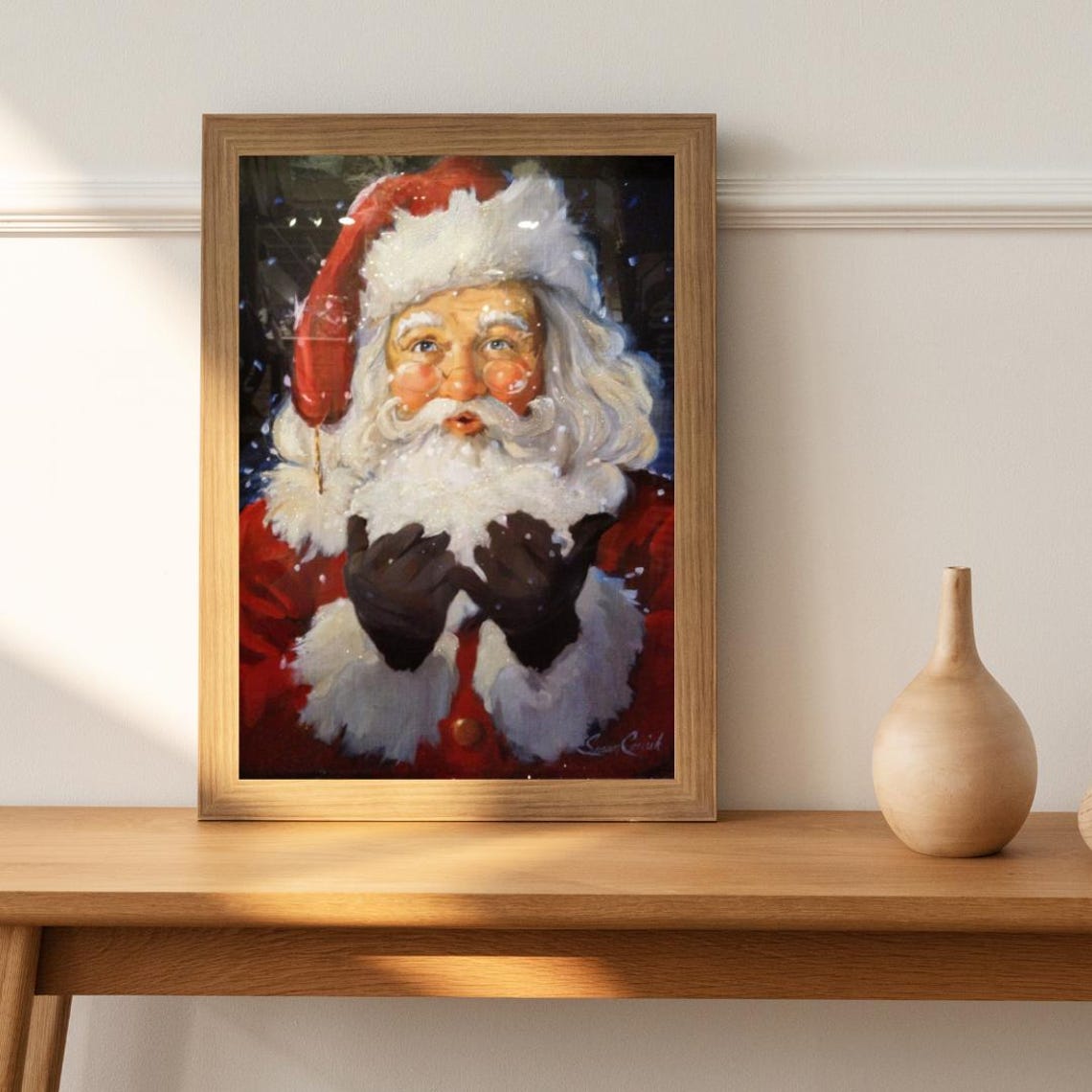 Santa Blowing Snow Playful Vintage Christmas Painting Portrait Poster - Image 4