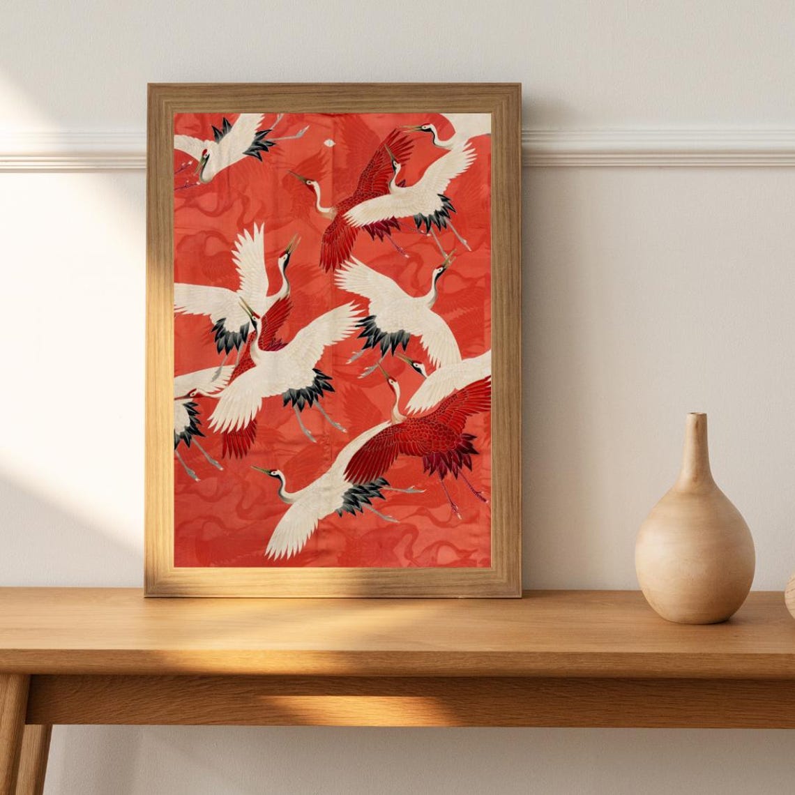Japanese Red and White Cranes Flying on Crimson Vintage Art Poster - Image 4