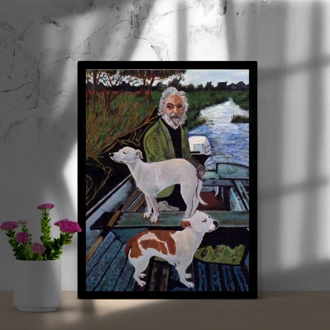 Bearded Old Man With Two Dogs in a Small Boat River Painting Poster - Image 3