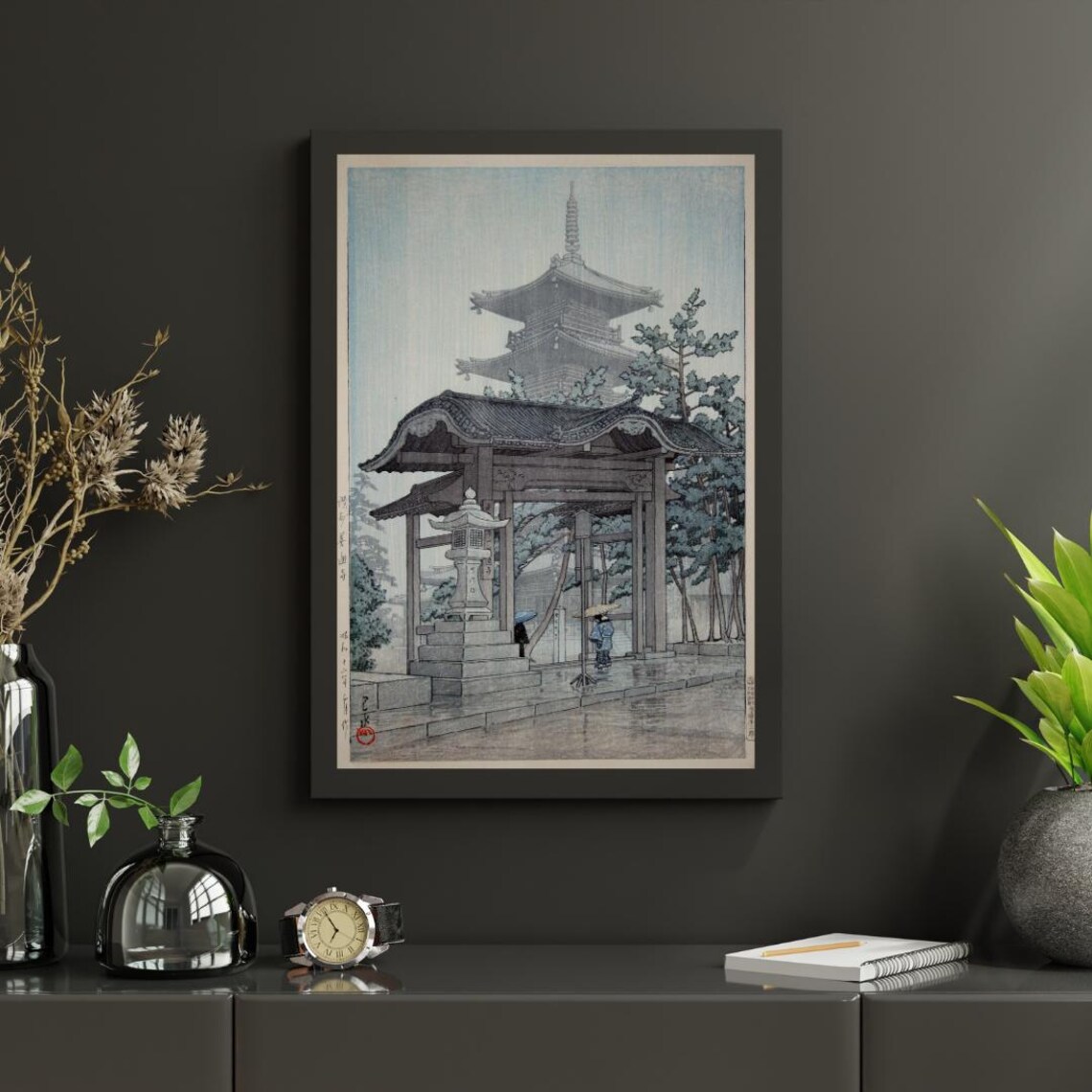 Rainy Japanese Temple Pagoda and Gate Shin-Hanga Woodblock Poster - Image 5