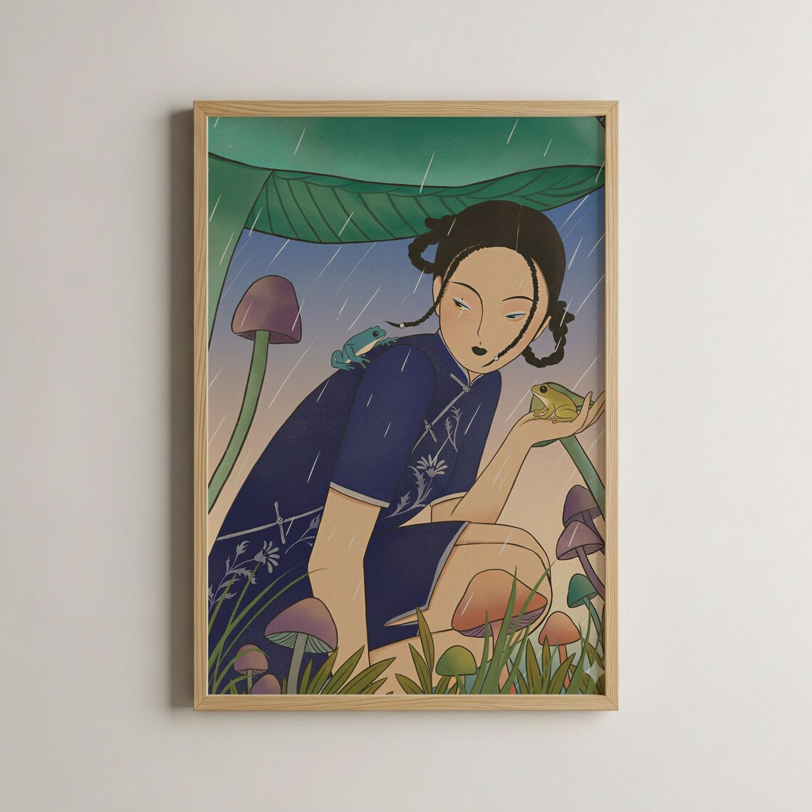 Rainy Day Girl With Frogs And Mushrooms Whimsical Illustration Poster