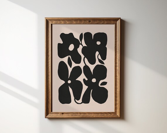 Abstract Black Floral Silhouettes Beige Neutral Boho Art Poster