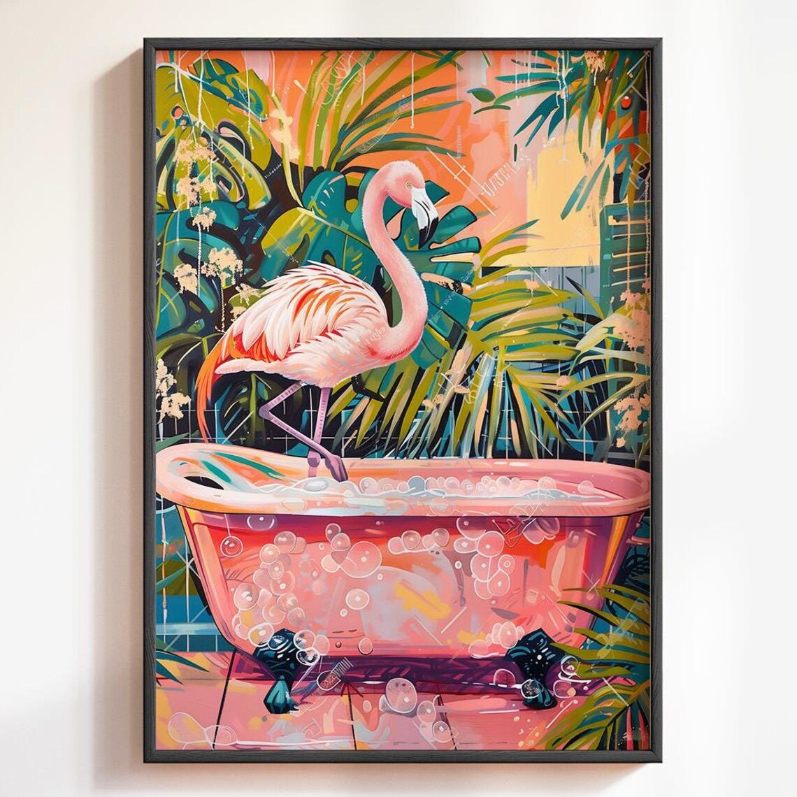 Flamingo In A Pink Bathtub Surrounded By Lush Tropical Leaves Poster - Image 5
