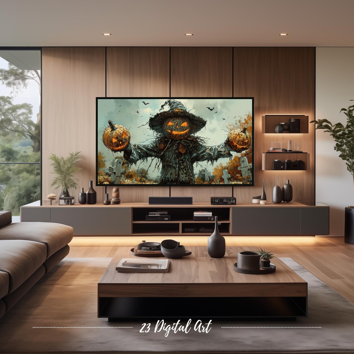 Halloween Pumpkin Head Scarecrow Glowing Jack-o-Lanterns Spooky Graveyard Poster - Image 3