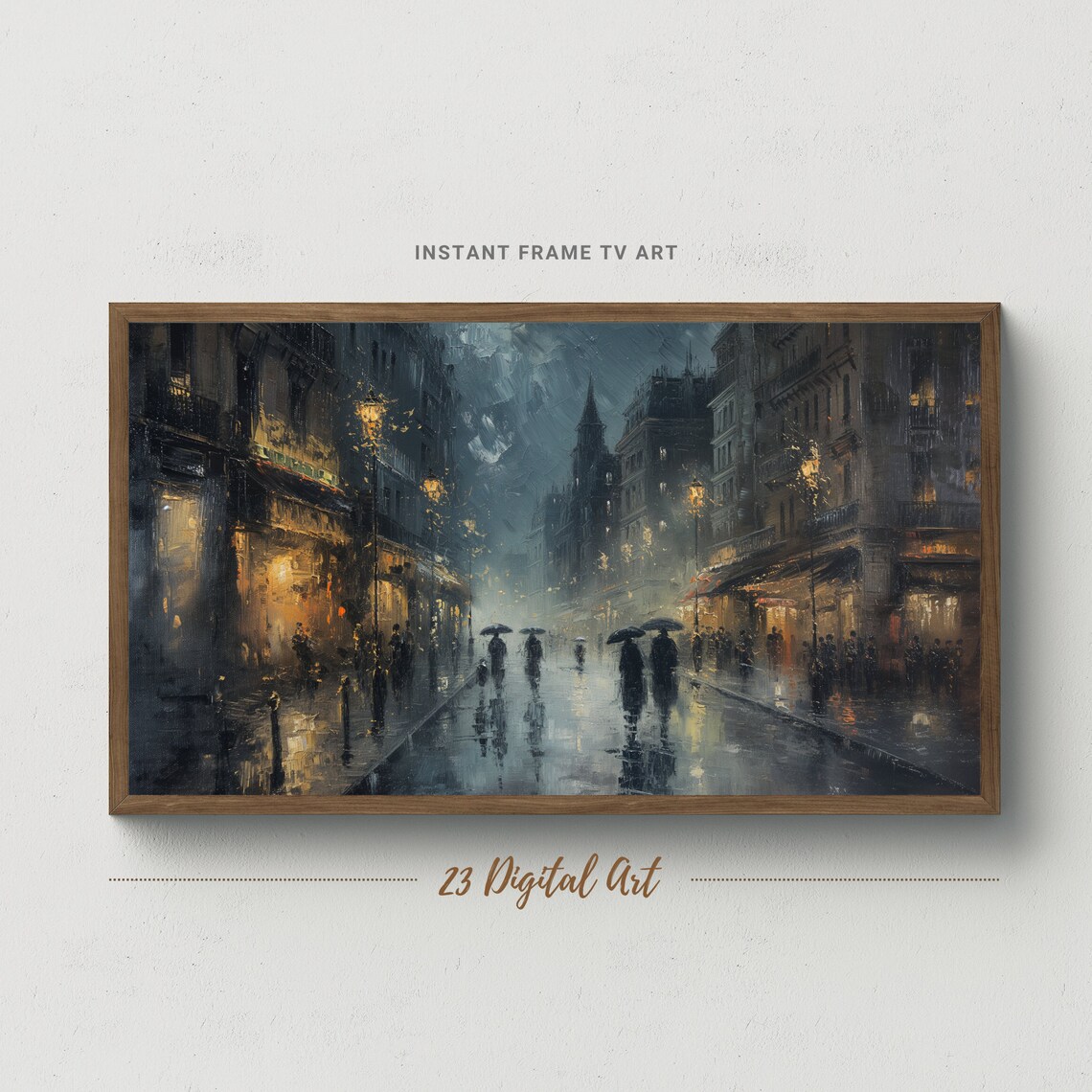 London Rainy Night Street Umbrellas Vintage City Painting Poster