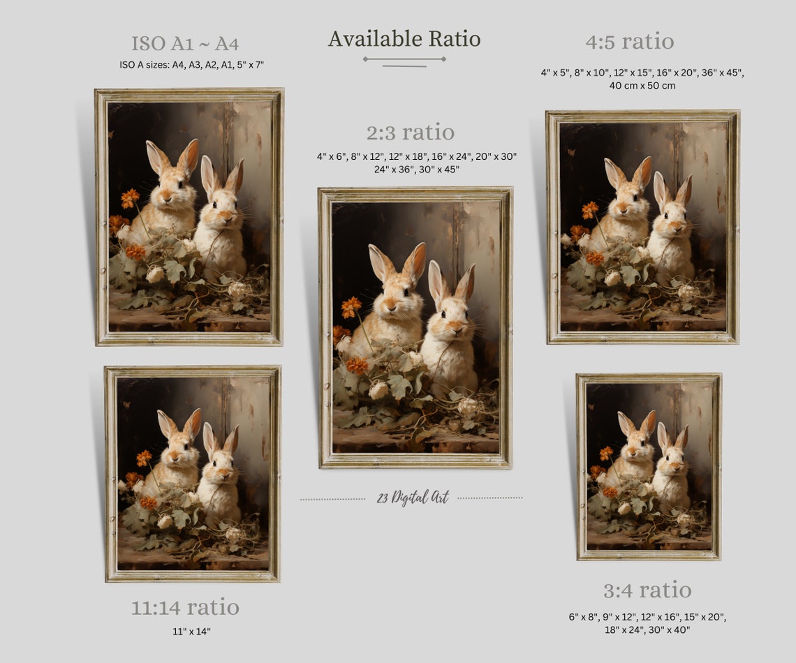 Two Bunnies Vintage Portrait Orange Flowers Dark Wall Art Print Poster - Image 3