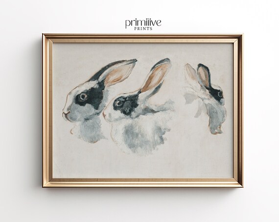 Three Sweet Rabbit Heads Watercolor Sketch Animal Art Poster