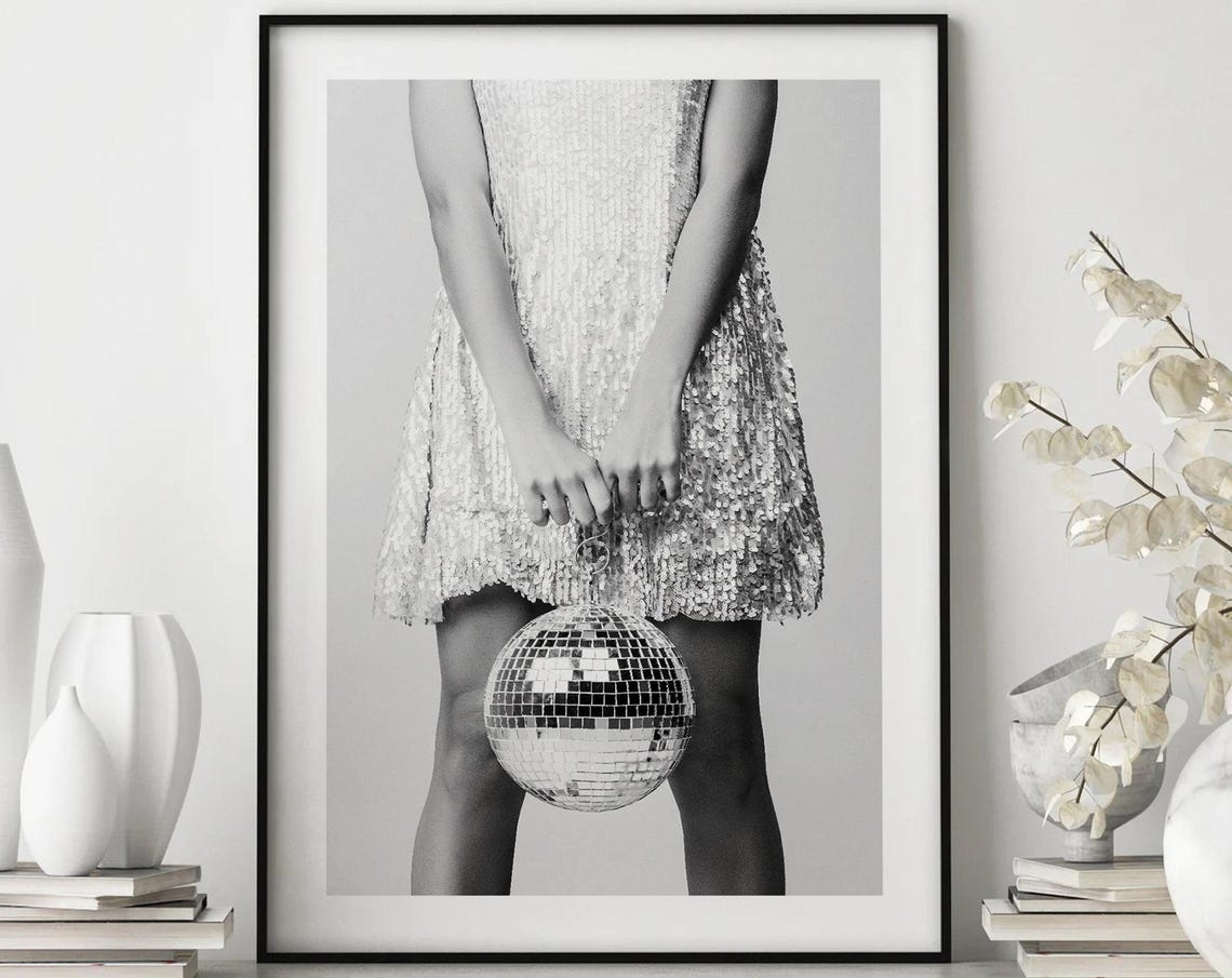Sequin Mini Dress Disco Ball Black White Fashion Photo Poster