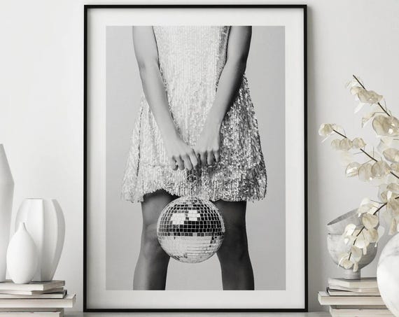 Women With Disco Ball Poster Black And White Art Women With Disco Ball Retro Wall Art Vintage Disco Art Funky Home Decor