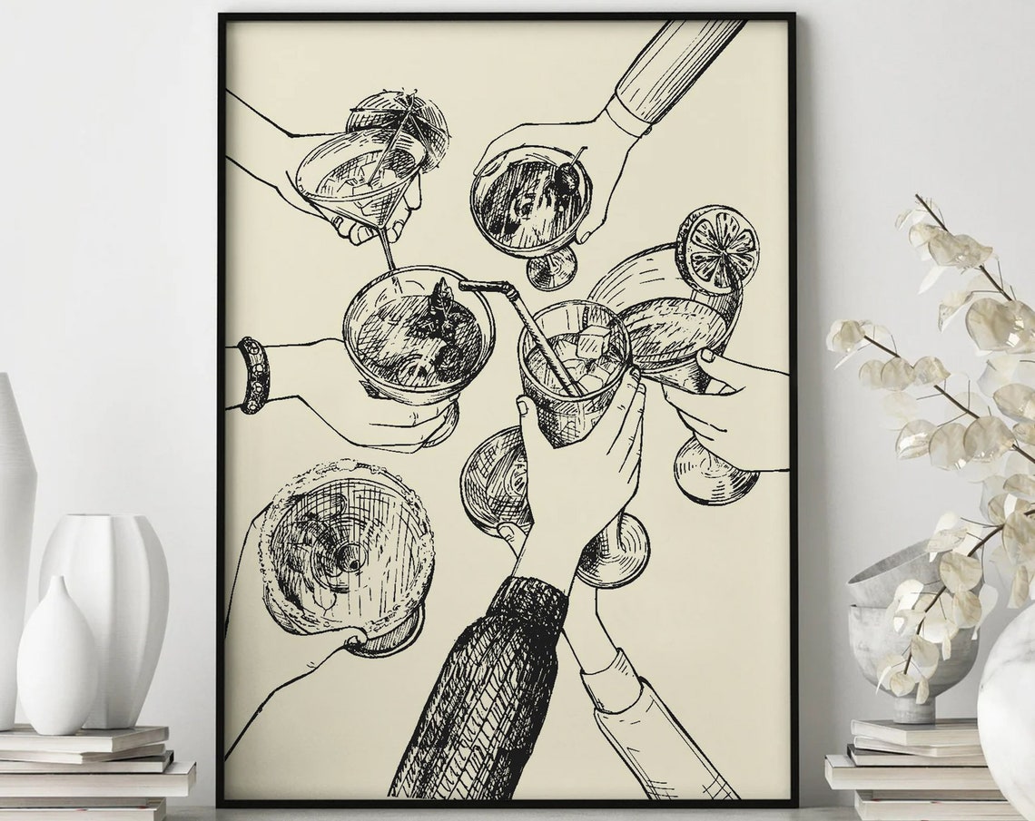Cheers Toasting Cocktail Glasses Black Ink Sketch Bar Art Poster