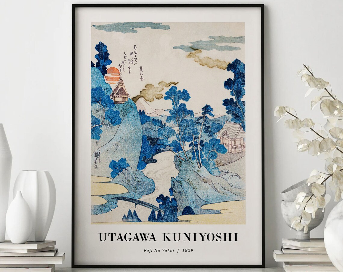 Utagawa Kuniyoshi Fuji No Yukei 1829 Japanese Woodblock Blue Poster