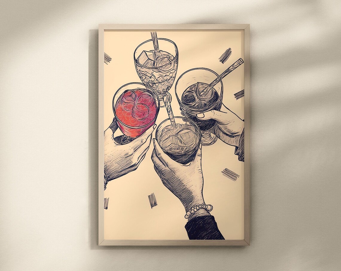 Vintage Cocktail Toast Cheers Engraving Bar Cart Art Print Decor