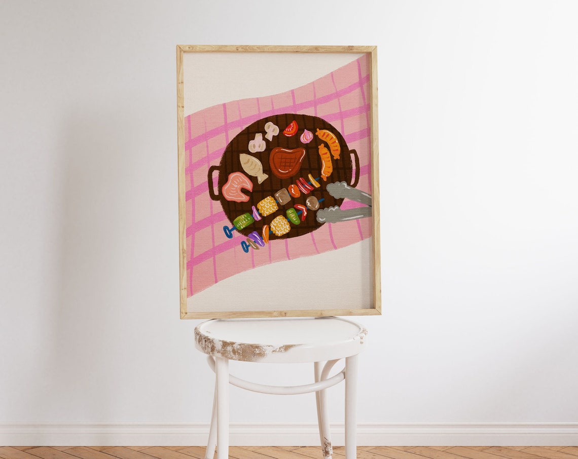 Pink Checkered Barbecue Grill Top Down Kitchen Food Art Print