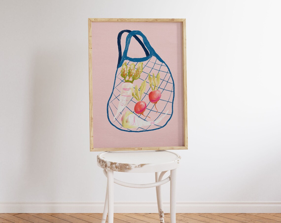 Radish Grocery Mesh Bag Pastel Pink Kitchen Illustration Print