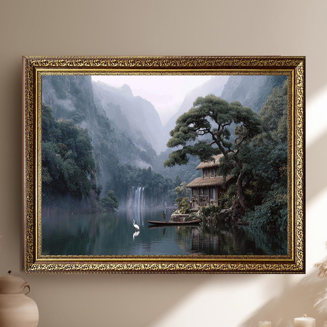 Tranquil Asian Lakeside Landscape Poster With Waterfall Pavilion And Crane Bird