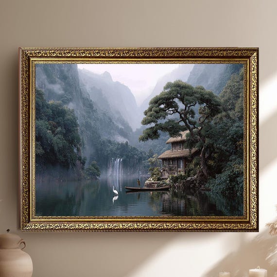 Zen Asian Landscape Canvas Wall Art With Lake House Waterfall And Crane Japanese Nature Painting Print For Tranquil Home Decor