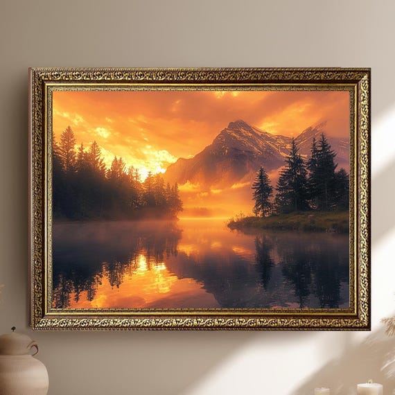 Fiery Sunset Mountain Lake Canvas Wall Art Dramatic Golden Landscape Print For Rustic Home Or Cabin Decor Warm Nature Poster