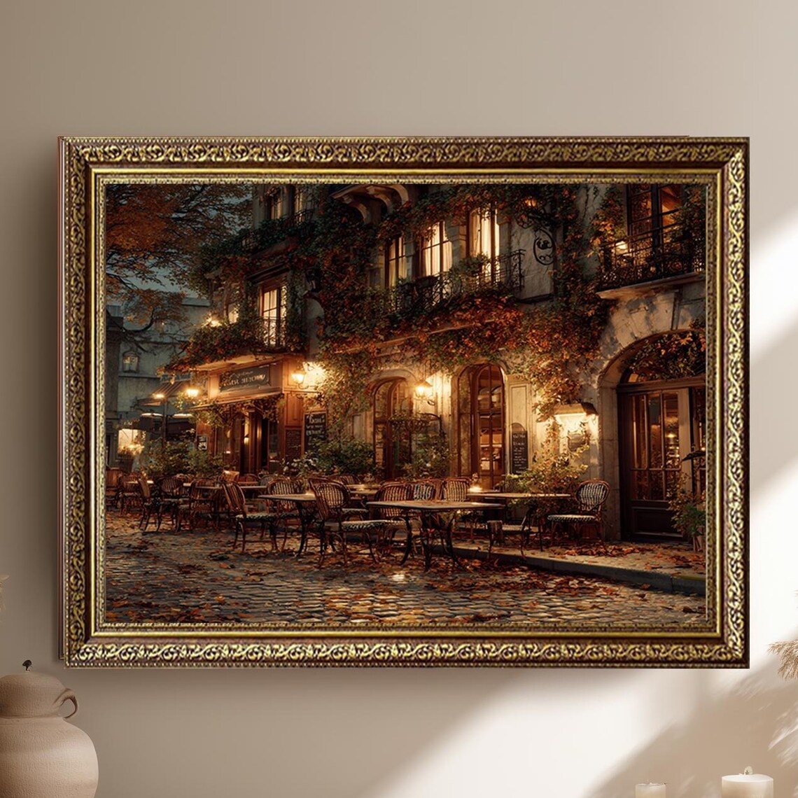 Romantic European Cafe, Cozy Autumn Street Scene Art Print