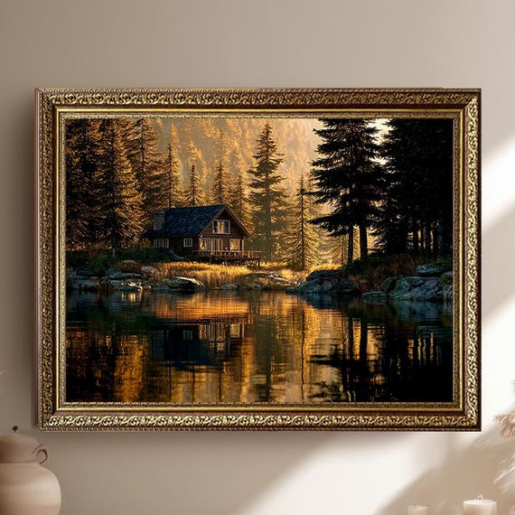 Rustic Cabin By The Lake Canvas Wall Art Cozy Forest Cottage Print With Sunset Reflection Nature Retreat Decor For Or Modern Homes