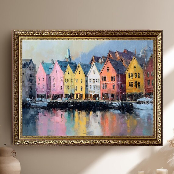 Colorful Waterfront Houses Reflection Harbor Oil Painting Poster