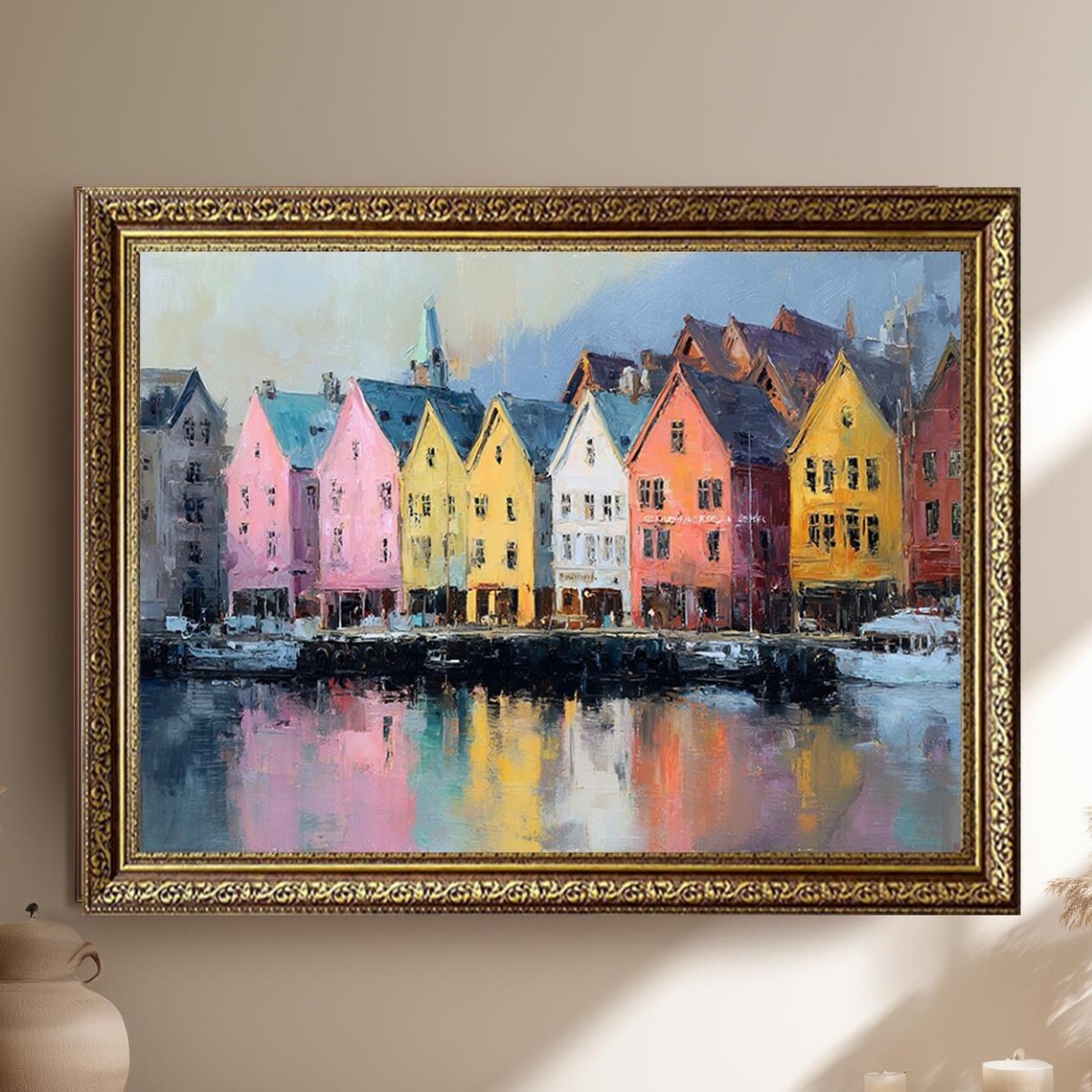 Colorful Waterfront Houses Reflection Harbor Oil Painting Poster