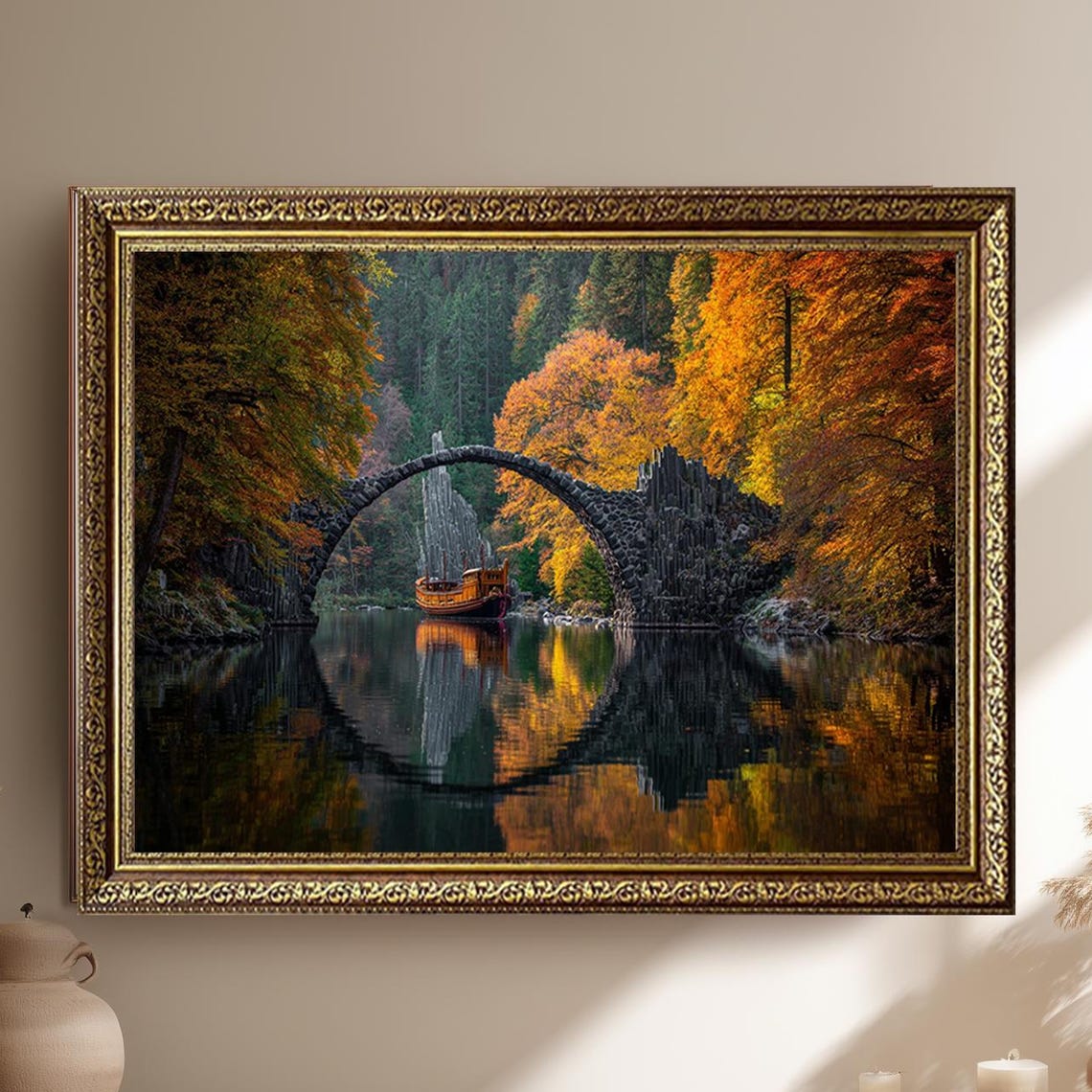 Fantasy Autumn Stone Arch Bridge Wooden Ship Reflection Wall Art
