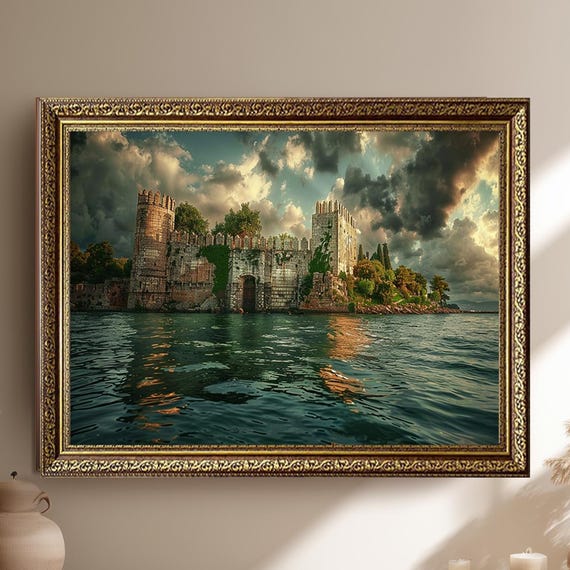 Ancient Castle Canvas Wall Art Coastal Fortress Landscape Print Dramatic Cloudy Sky Historical Architecture Home Decor