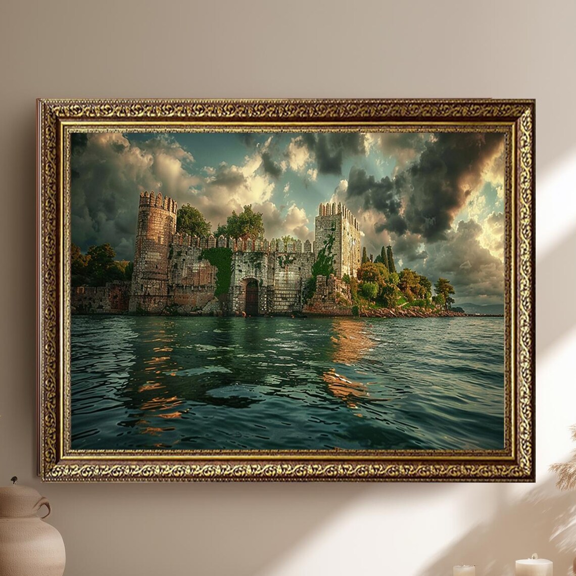 Ancient Twin Tower Coastal Fortress Sunset Water Scene Poster