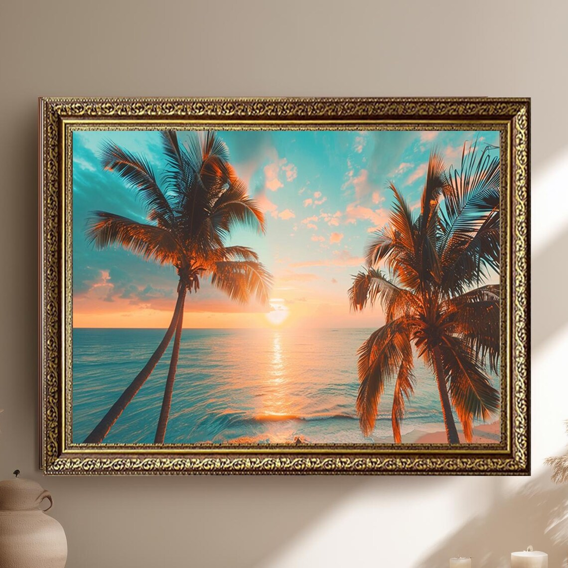 Palm Trees Silhouettes Sunset Over Turquoise Ocean Photography Poster