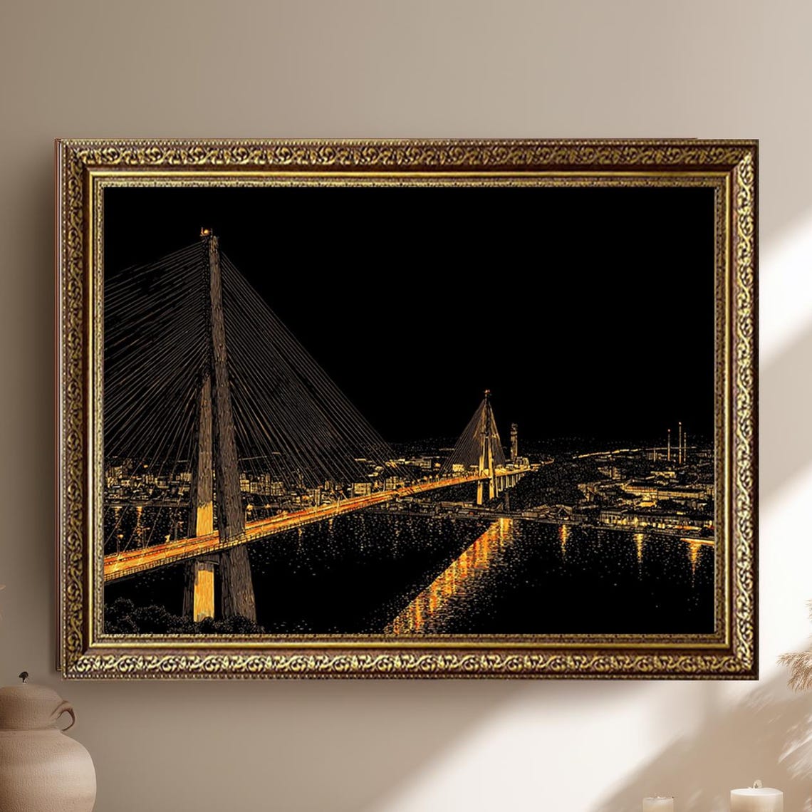 Golden Cable-Stayed Bridge Night City Lights River Reflection Poster