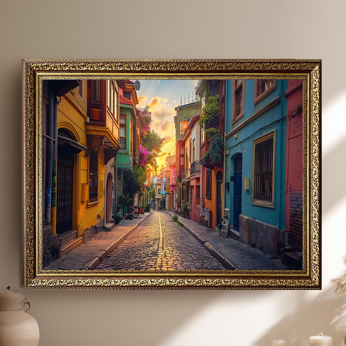 Colorful Cobblestone Street at Sunset with Painted Houses Poster