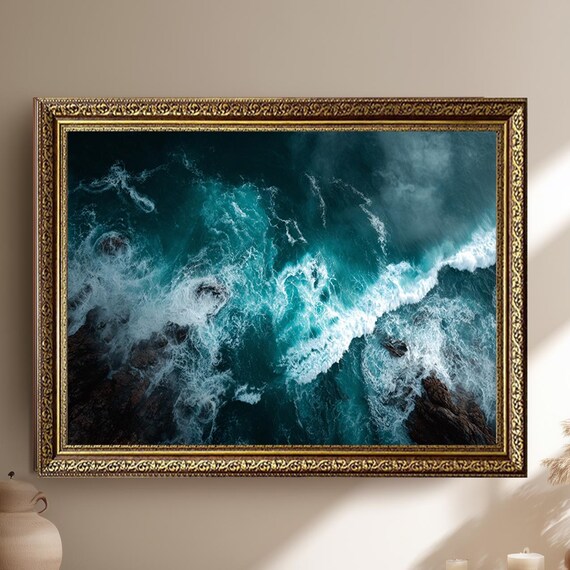 Aerial Turquoise Ocean Waves Powerful Coastal Sea Photo Poster
