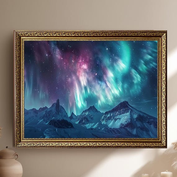 Northern Lights Over Snowy Mountains Canvas Wall Art Aurora Borealis Night Sky Scene With Stars Magical Winter Landscape Print