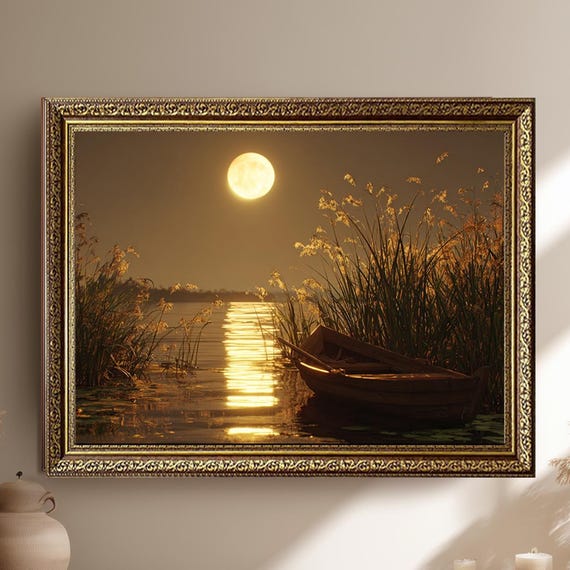 Moonlit Lake Boat Wall Art Serene Full Moon Reflection Over Calm Water With Reeds And Wooden Rowboat Landscape Print