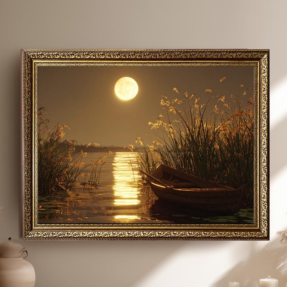 Golden Moonlit Lake Full Moon Reflection Rowboat Night Poster