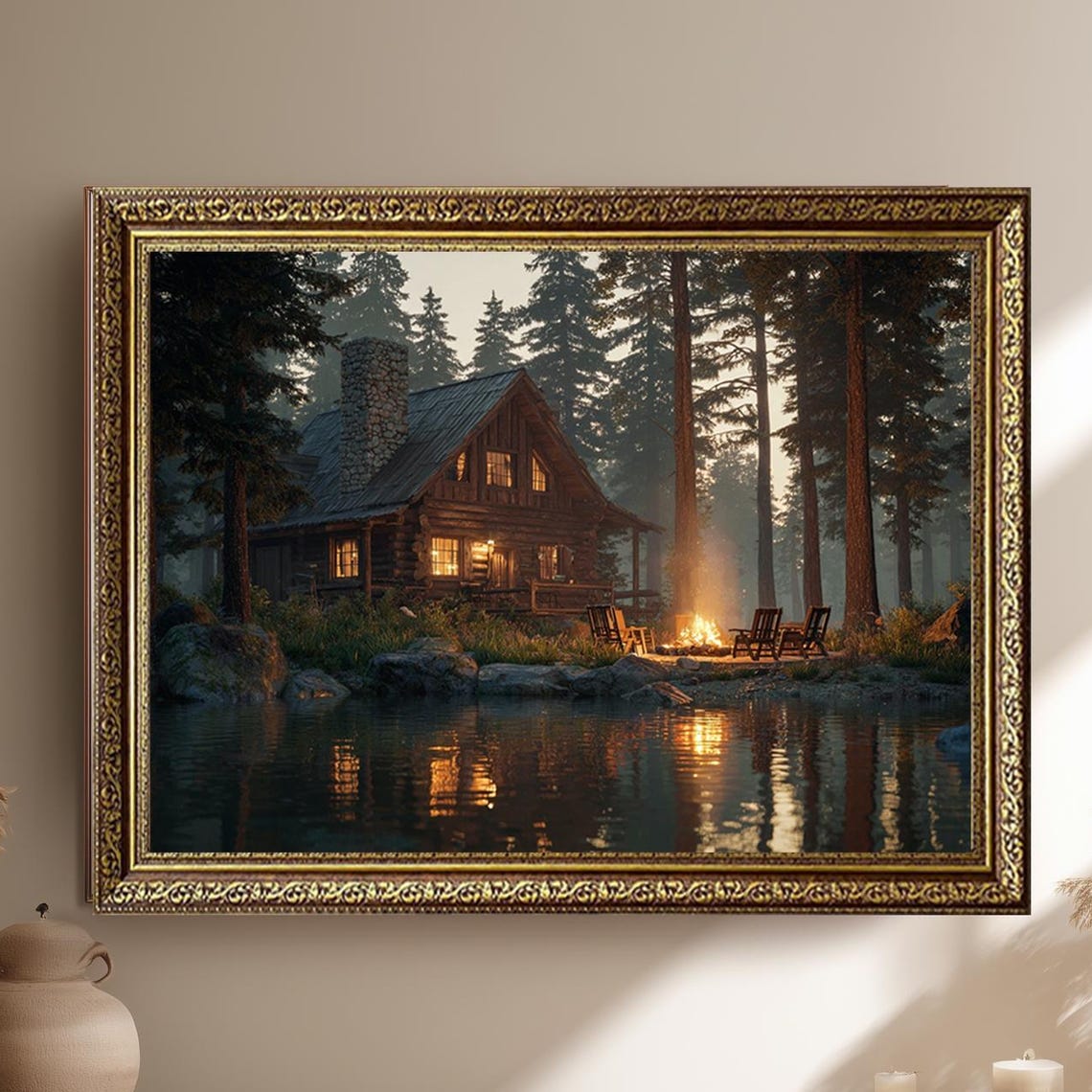 Cozy Log Cabin by Lake Campfire Night Forest Landscape Poster