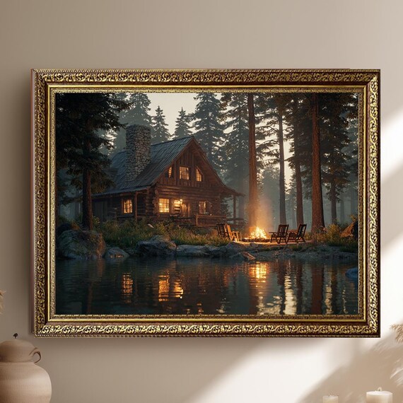 Cozy Log Cabin by Lake Campfire Night Forest Landscape Poster